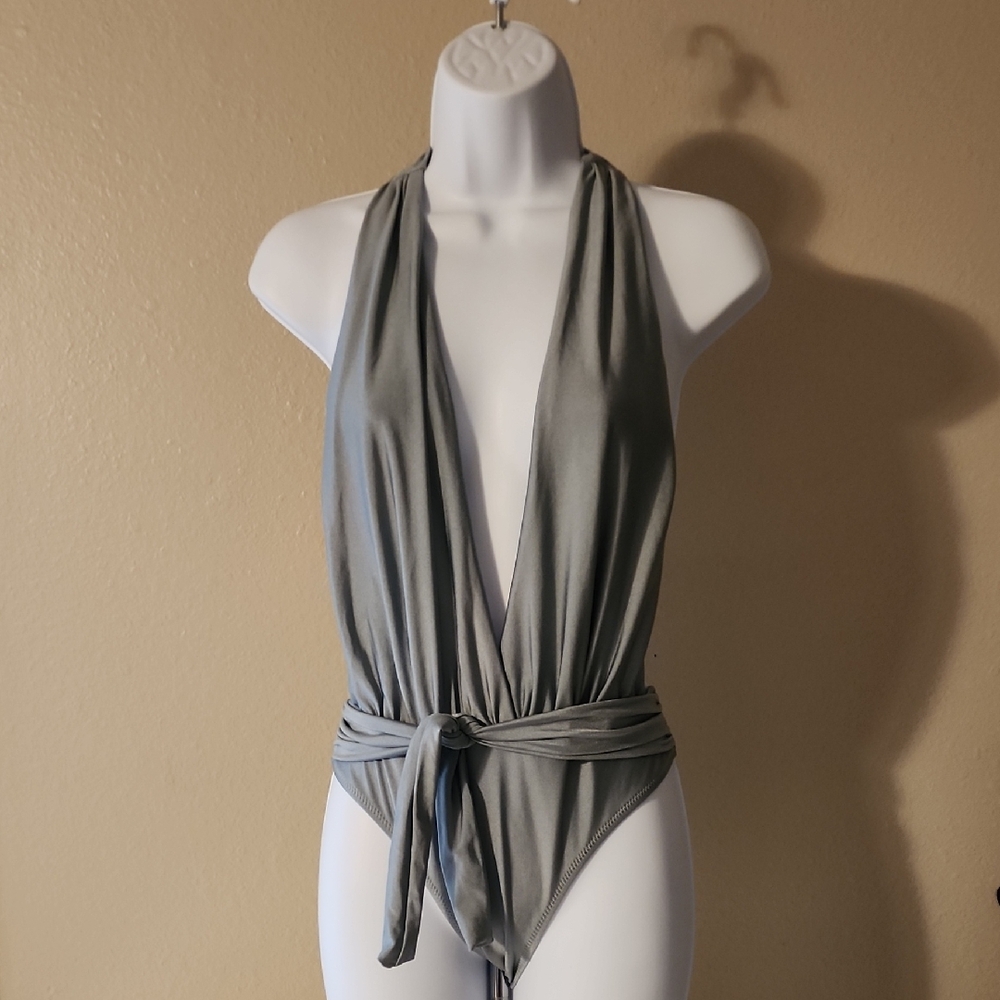 Sheridyn & Fisher Gray Plunge Halter Swimsuit